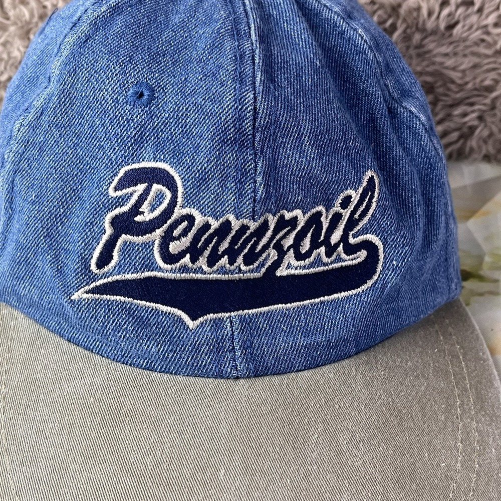 Pennzoil Strapback Adjustable Hat Cap Denim Blue Tan 100% Cotton Vtg Wide Brim